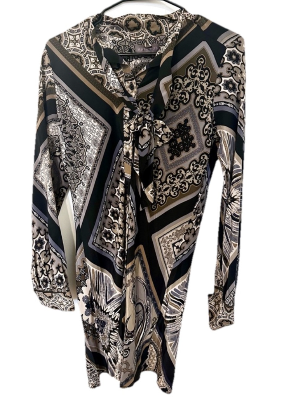 Hale Bob Neutral Paisley Tie-Neck Blouse